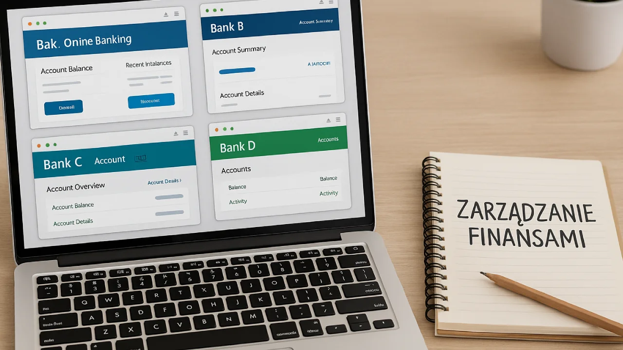 Laptop z otwartymi aplikacjami czterech banków i notatnikiem z napisem „Zarządzanie finansami” na biurku.