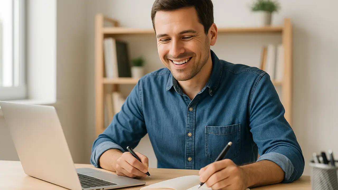 Uśmiechnięty freelancer pracujący przy laptopie w domowym biurze, notujący pomysły w notesie – symbol pracy na swoim